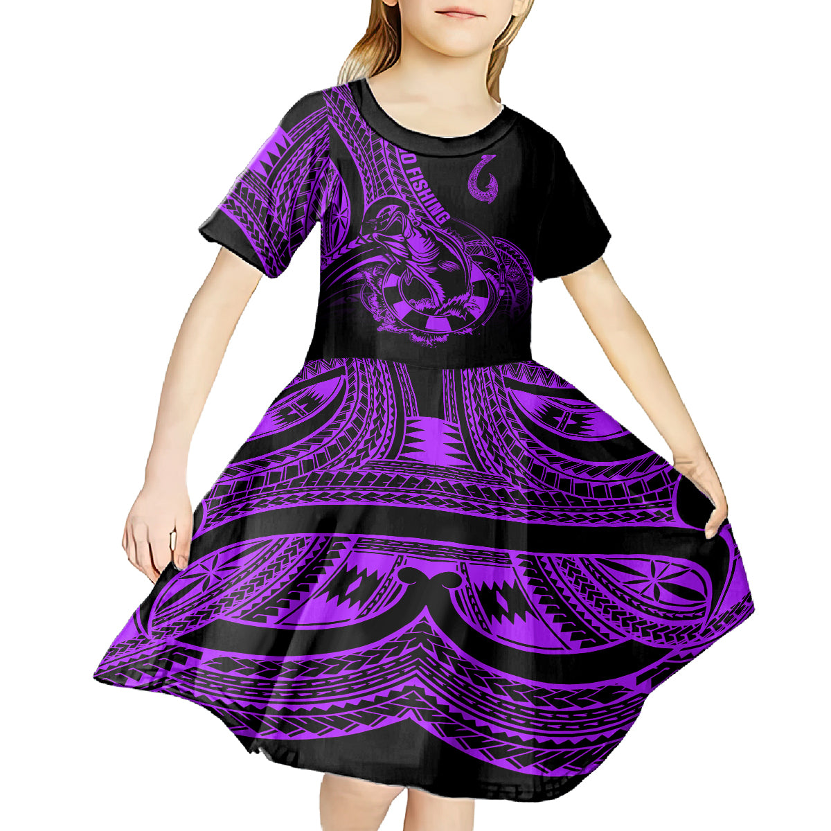 polynesia-kid-short-sleeve-dress-fish-hook-tattoo-go-fishing-polynesian-pattern-purple