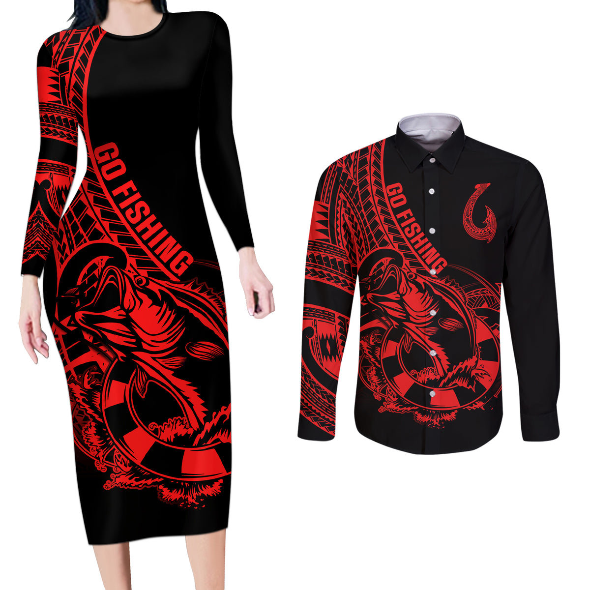Polynesia Couples Matching Long Sleeve Bodycon Dress and Long Sleeve Button Shirts Fish Hook Tattoo Go Fishing Polynesian Pattern Red LT14 Red - Polynesian Pride