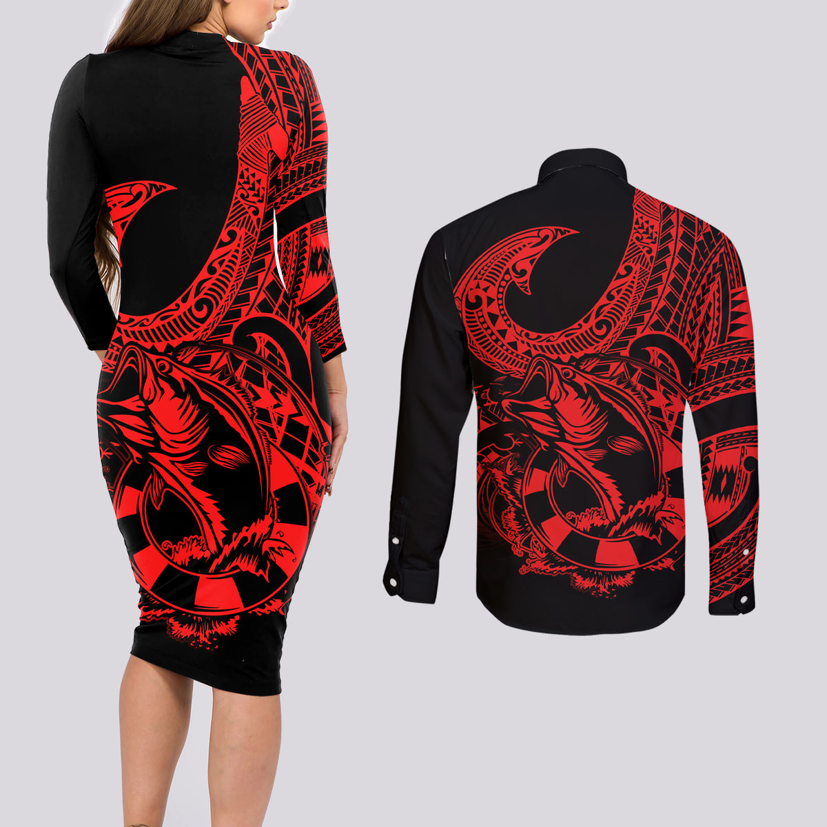 Polynesia Couples Matching Long Sleeve Bodycon Dress and Long Sleeve Button Shirts Fish Hook Tattoo Go Fishing Polynesian Pattern Red LT14 - Polynesian Pride