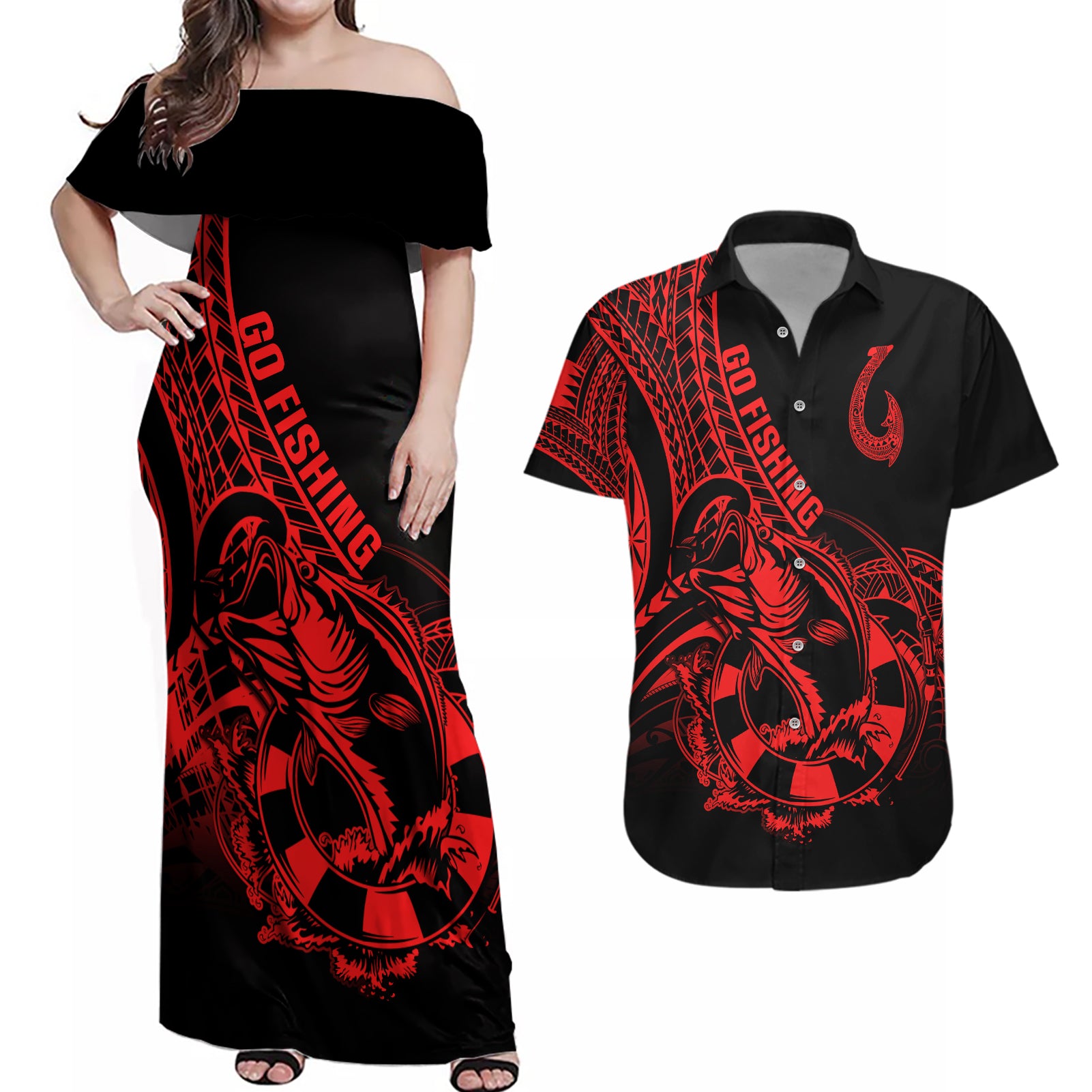 polynesia-couples-matching-off-shoulder-maxi-dress-and-hawaiian-shirt-fish-hook-tattoo-go-fishing-polynesian-pattern-red