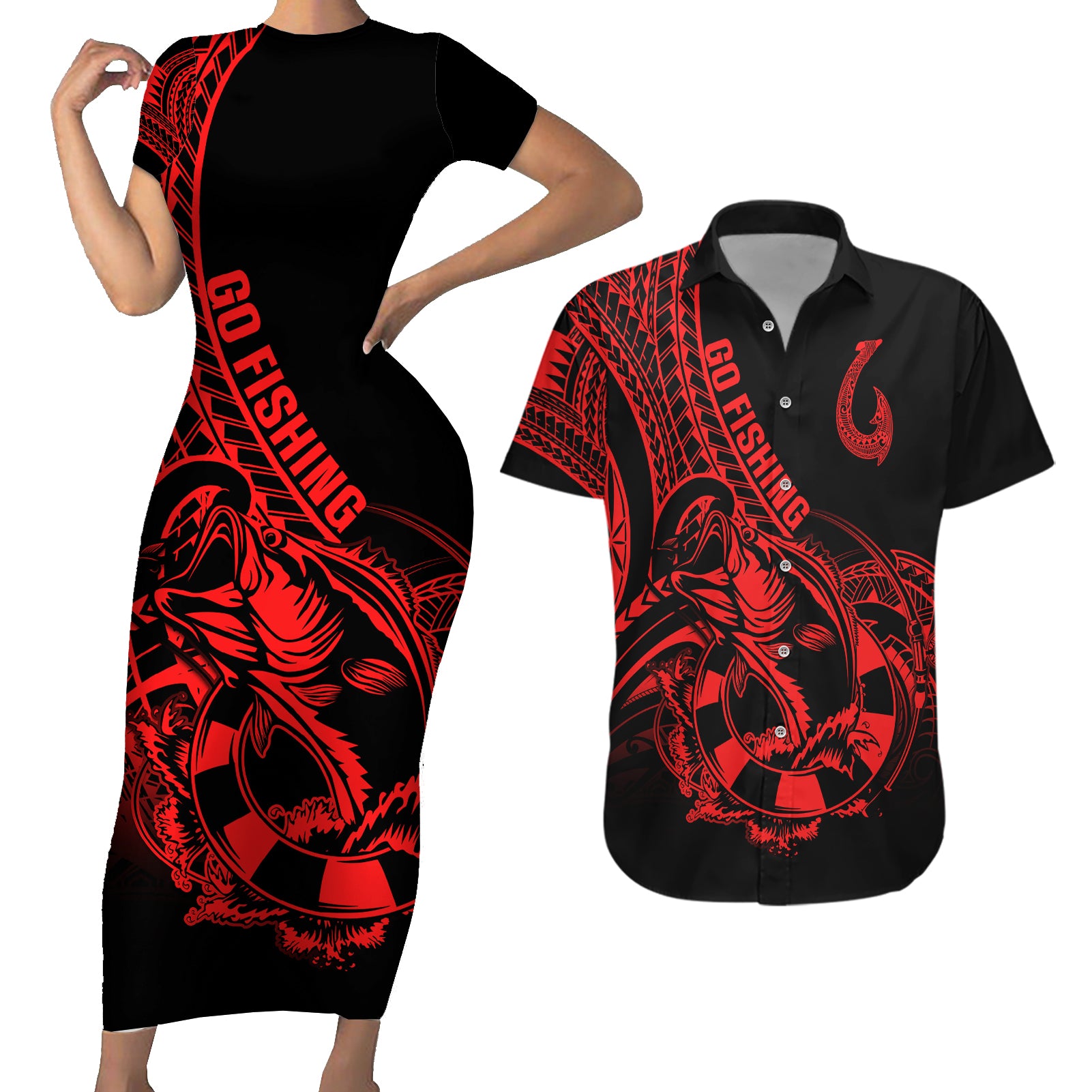 polynesia-couples-matching-short-sleeve-bodycon-dress-and-hawaiian-shirt-fish-hook-tattoo-go-fishing-polynesian-pattern-red