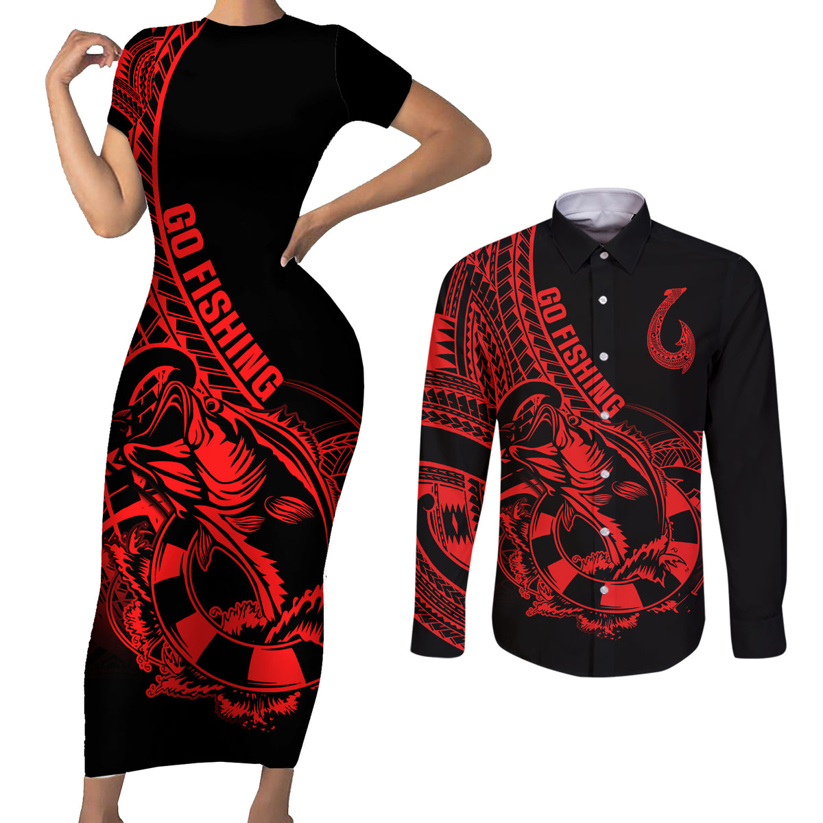 polynesia-couples-matching-short-sleeve-bodycon-dress-and-long-sleeve-button-shirts-fish-hook-tattoo-go-fishing-polynesian-pattern-red