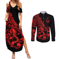 polynesia-couples-matching-summer-maxi-dress-and-long-sleeve-button-shirts-fish-hook-tattoo-go-fishing-polynesian-pattern-red