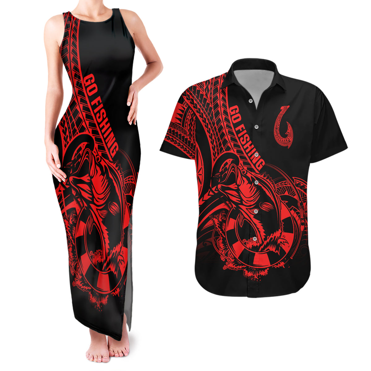 polynesia-couples-matching-tank-maxi-dress-and-hawaiian-shirt-fish-hook-tattoo-go-fishing-polynesian-pattern-red