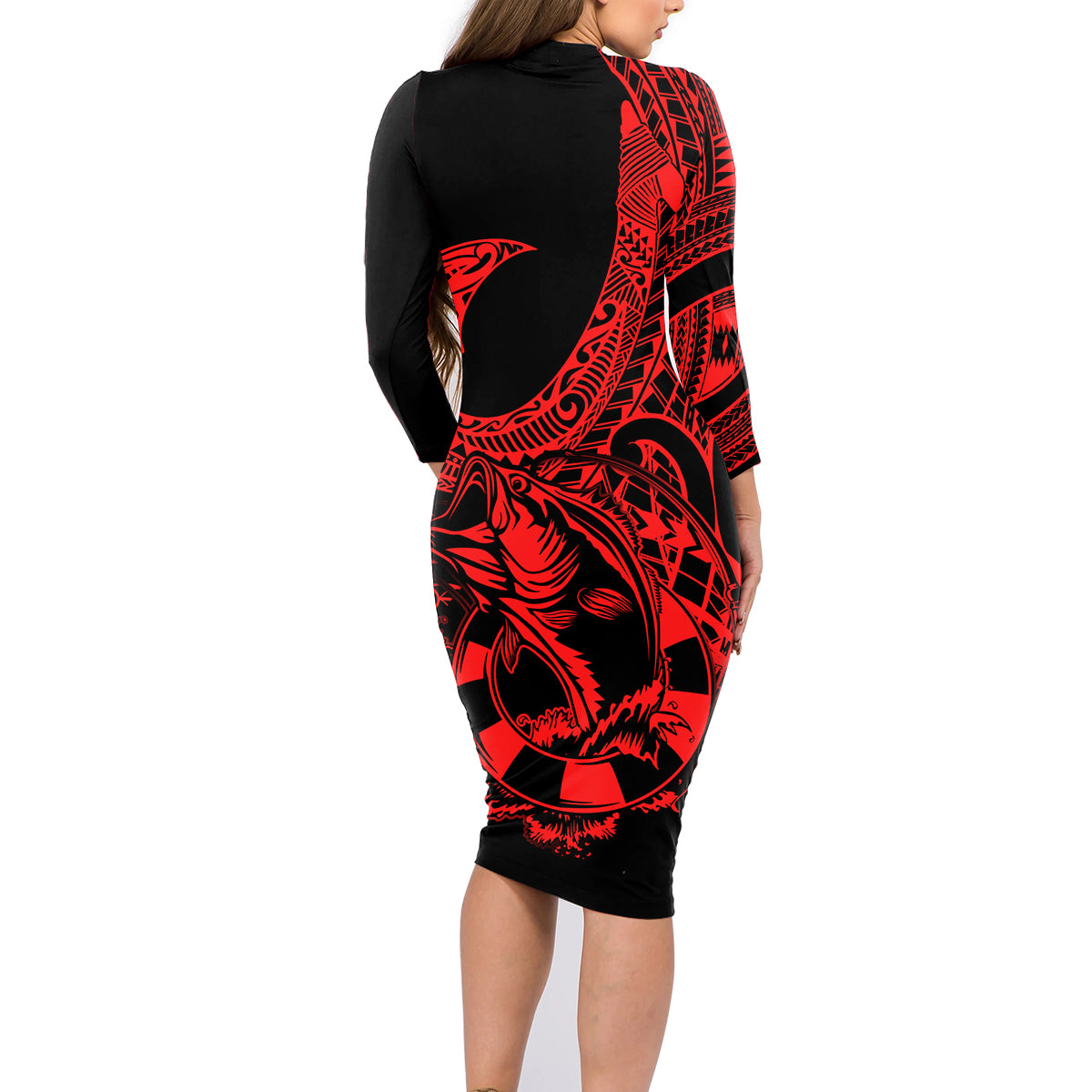 polynesia-family-matching-long-sleeve-bodycon-dress-and-hawaiian-shirt-fish-hook-tattoo-go-fishing-polynesian-pattern-red
