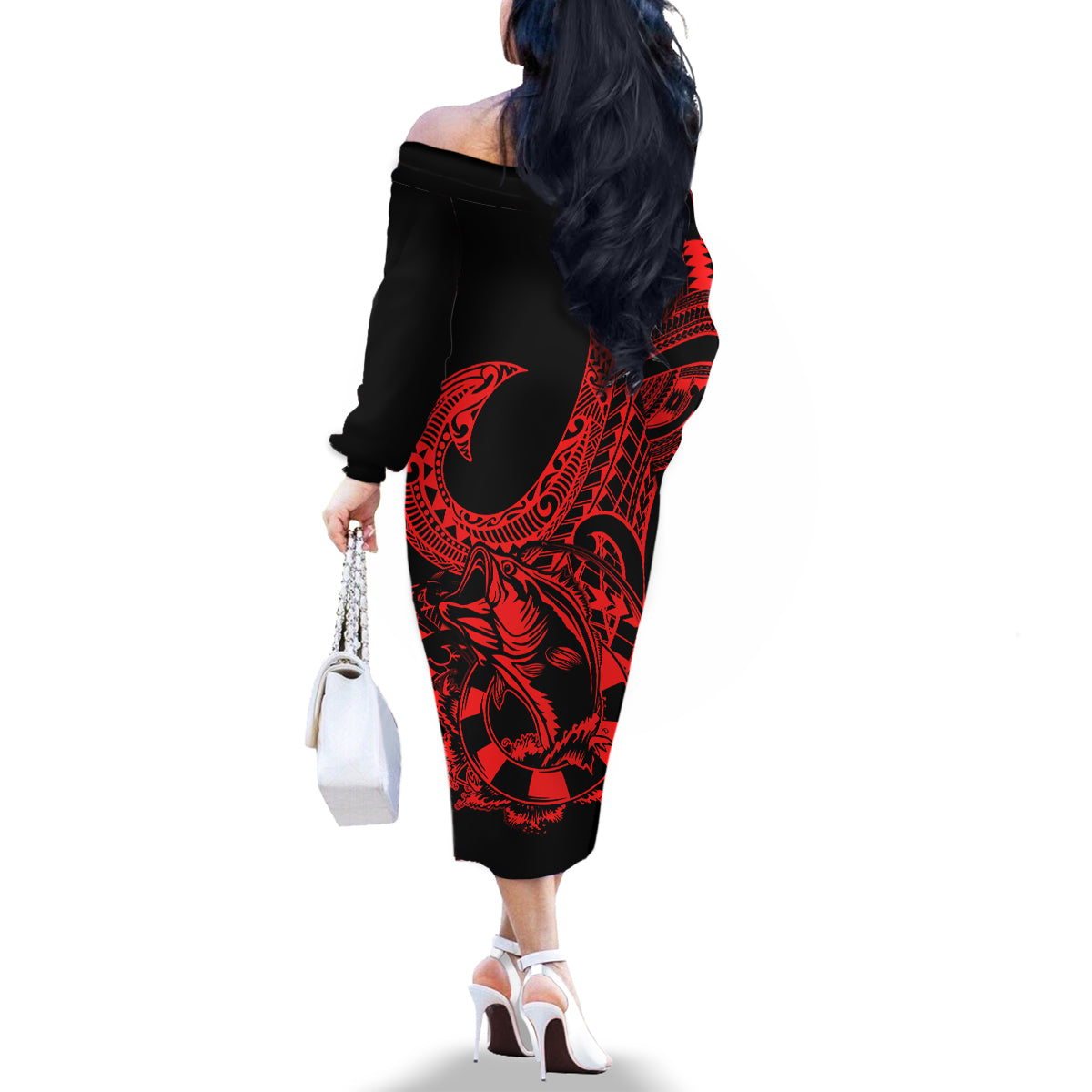 polynesia-family-matching-off-shoulder-long-sleeve-dress-and-hawaiian-shirt-fish-hook-tattoo-go-fishing-polynesian-pattern-red