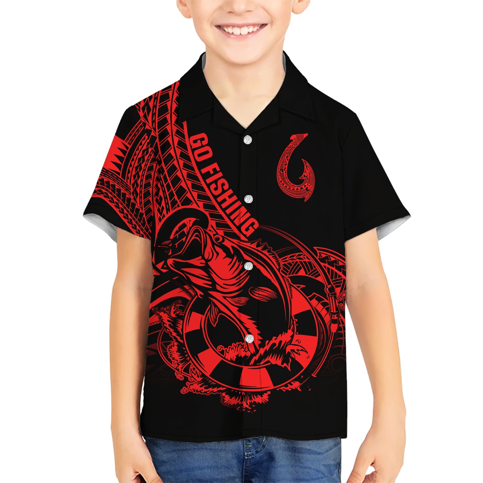polynesia-kid-hawaiian-shirt-fish-hook-tattoo-go-fishing-polynesian-pattern-red