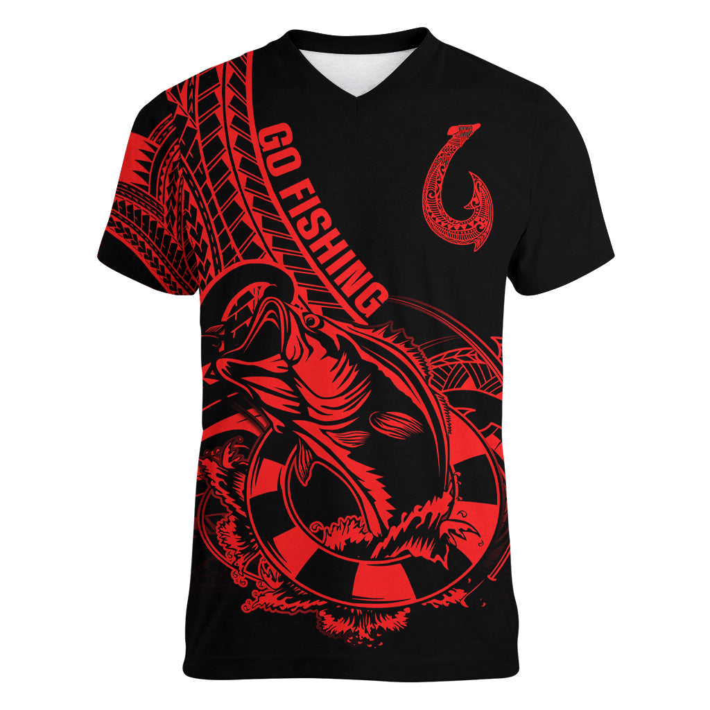 polynesia-women-v-neck-t-shirt-fish-hook-tattoo-go-fishing-polynesian-pattern-red