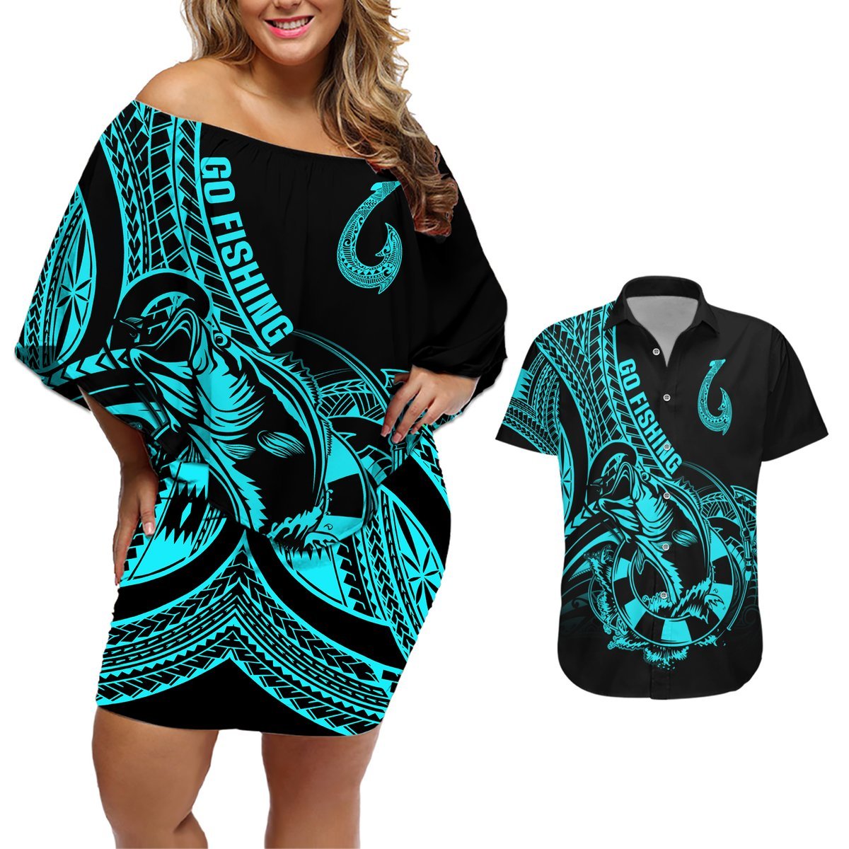 Polynesia Couples Matching Off Shoulder Short Dress and Hawaiian Shirt Fish Hook Tattoo Go Fishing Polynesian Pattern Turquosie LT14 Turquoise - Polynesian Pride