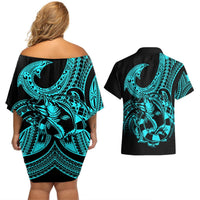 Polynesia Couples Matching Off Shoulder Short Dress and Hawaiian Shirt Fish Hook Tattoo Go Fishing Polynesian Pattern Turquosie LT14 - Polynesian Pride