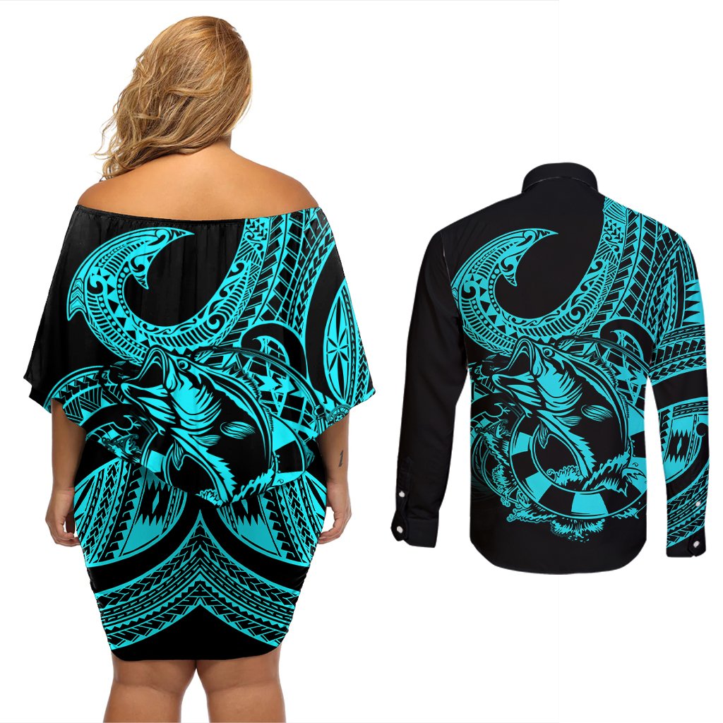 polynesia-couples-matching-off-shoulder-short-dress-and-long-sleeve-button-shirts-fish-hook-tattoo-go-fishing-polynesian-pattern-turquosie