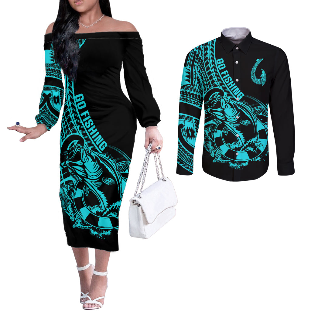 Polynesia Couples Matching Off The Shoulder Long Sleeve Dress and Long Sleeve Button Shirts Fish Hook Tattoo Go Fishing Polynesian Pattern Turquosie LT14 Turquoise - Polynesian Pride