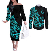 Polynesia Couples Matching Off The Shoulder Long Sleeve Dress and Long Sleeve Button Shirts Fish Hook Tattoo Go Fishing Polynesian Pattern Turquosie LT14 Turquoise - Polynesian Pride