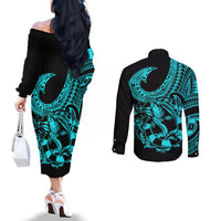 Polynesia Couples Matching Off The Shoulder Long Sleeve Dress and Long Sleeve Button Shirts Fish Hook Tattoo Go Fishing Polynesian Pattern Turquosie LT14 - Polynesian Pride