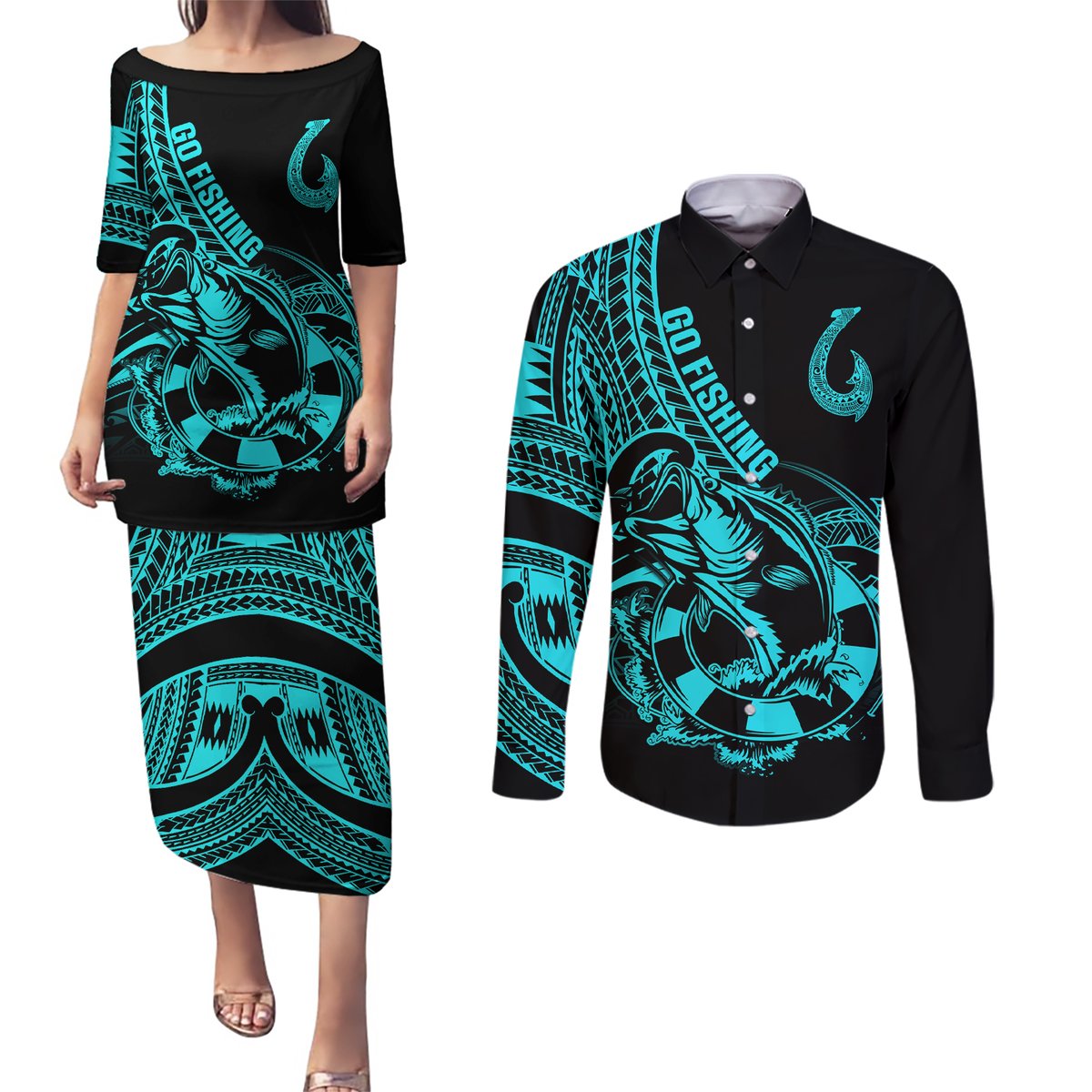 polynesia-couples-matching-puletasi-dress-and-long-sleeve-button-shirts-fish-hook-tattoo-go-fishing-polynesian-pattern-turquosie