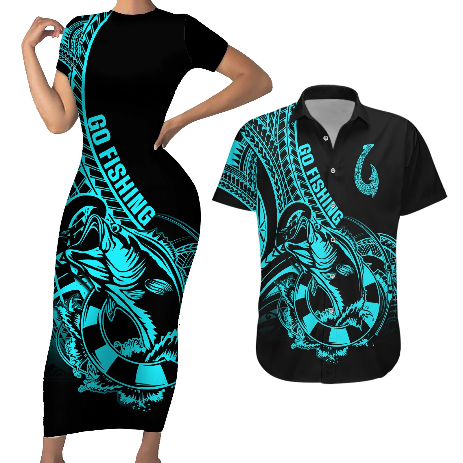 polynesia-couples-matching-short-sleeve-bodycon-dress-and-hawaiian-shirt-fish-hook-tattoo-go-fishing-polynesian-pattern-turquosie