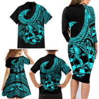 polynesia-family-matching-long-sleeve-bodycon-dress-and-hawaiian-shirt-fish-hook-tattoo-go-fishing-polynesian-pattern-turquosie