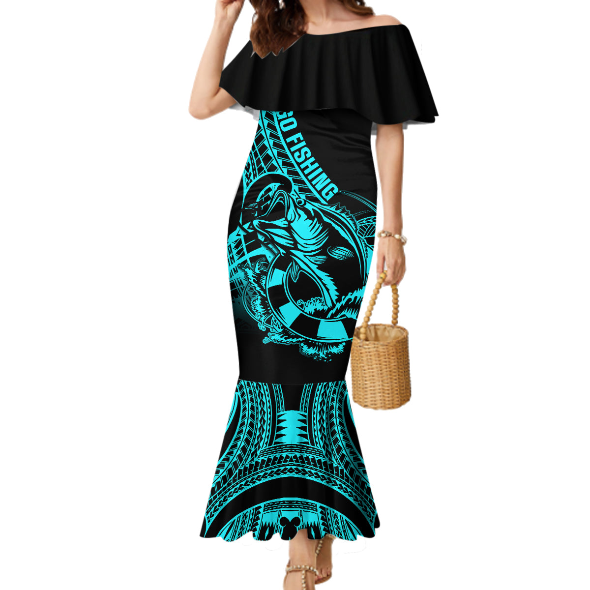 polynesia-family-matching-mermaid-dress-and-hawaiian-shirt-fish-hook-tattoo-go-fishing-polynesian-pattern-turquosie