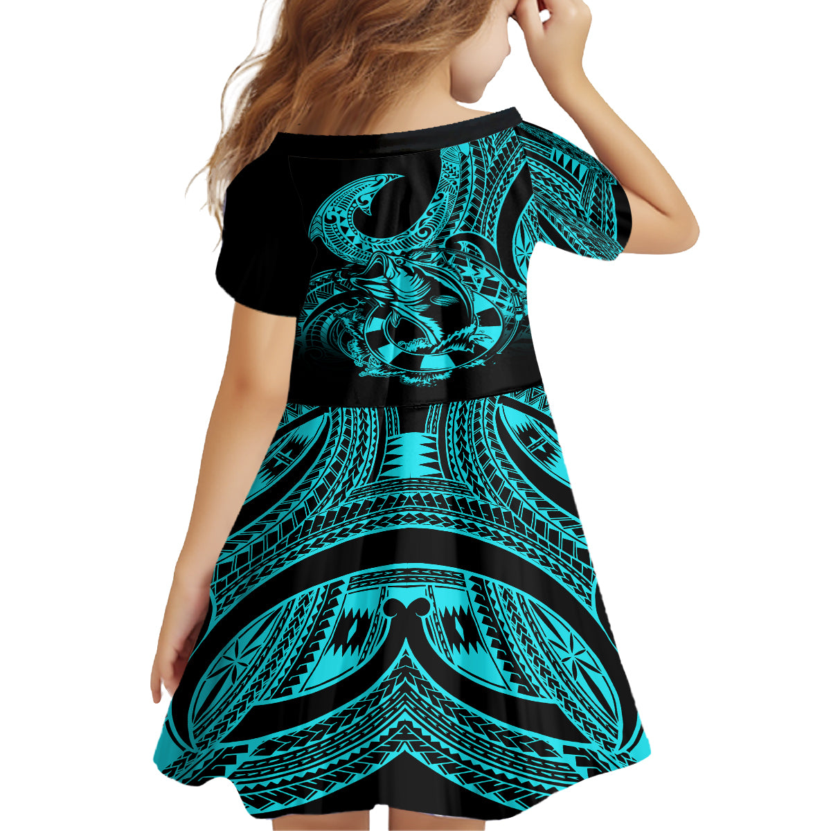 polynesia-kid-short-sleeve-dress-fish-hook-tattoo-go-fishing-polynesian-pattern-turquosie