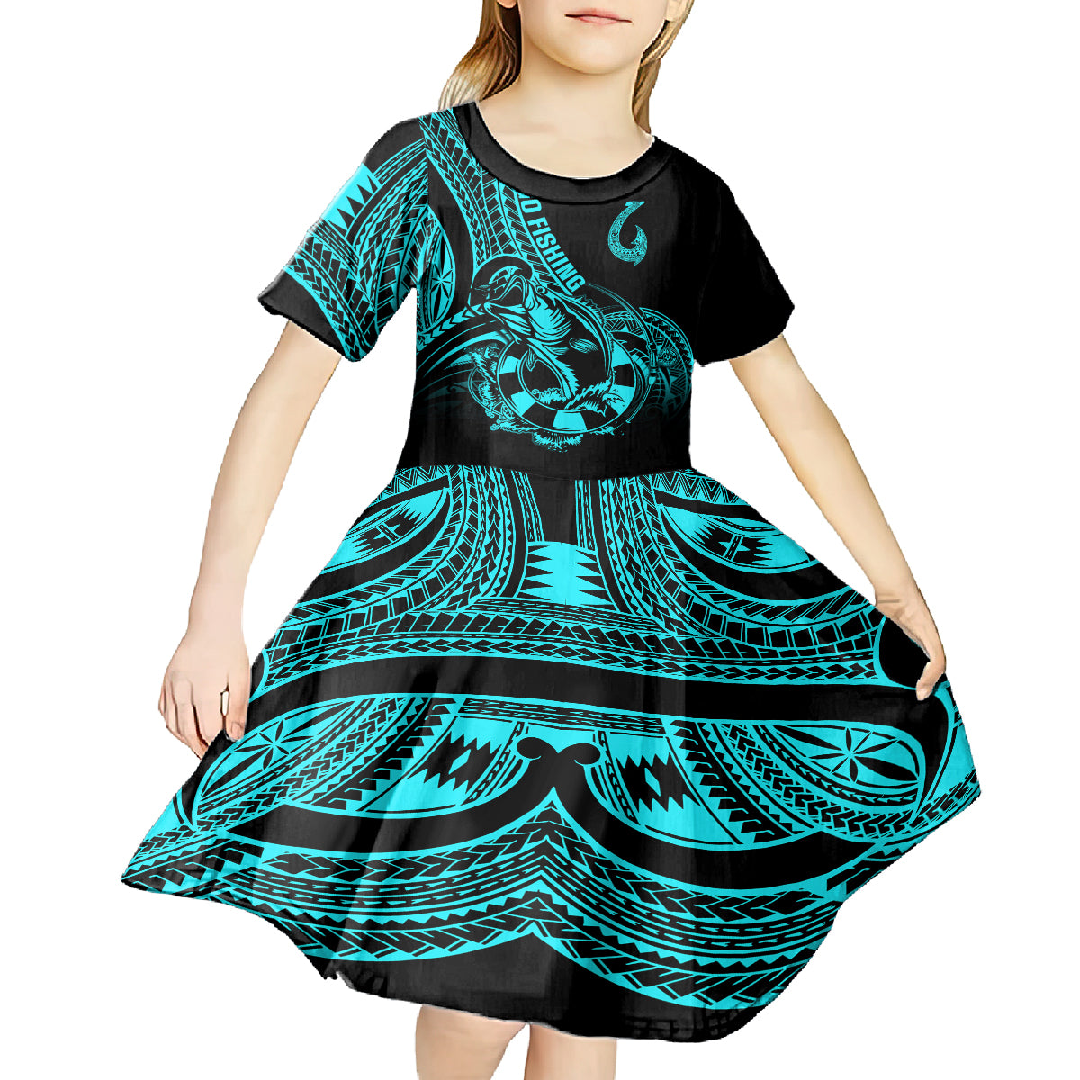 polynesia-kid-short-sleeve-dress-fish-hook-tattoo-go-fishing-polynesian-pattern-turquosie