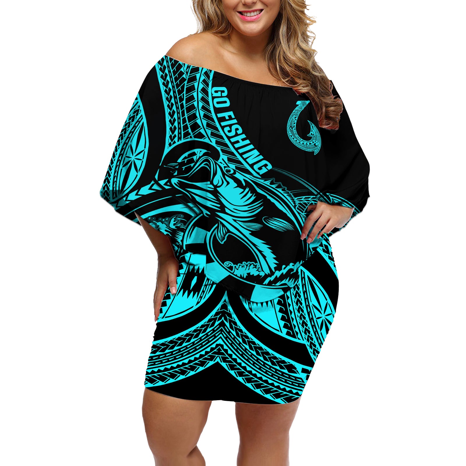 polynesia-off-shoulder-short-dress-fish-hook-tattoo-go-fishing-polynesian-pattern-turquosie