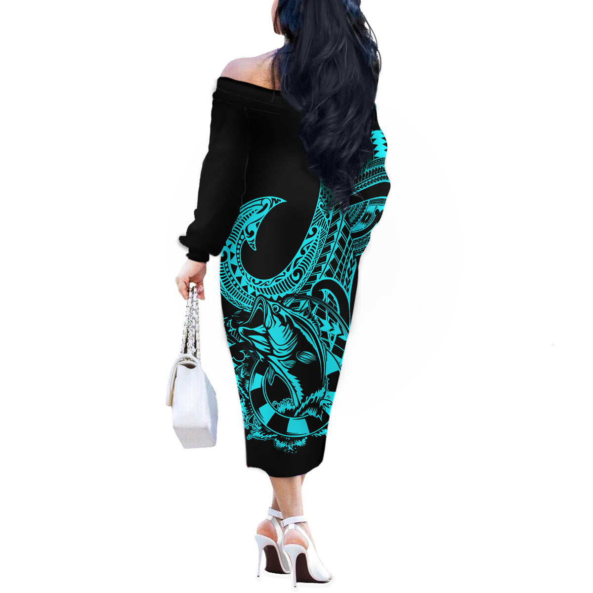 Polynesia Off The Shoulder Long Sleeve Dress Fish Hook Tattoo Go Fishing Polynesian Pattern Turquosie LT14 - Polynesian Pride