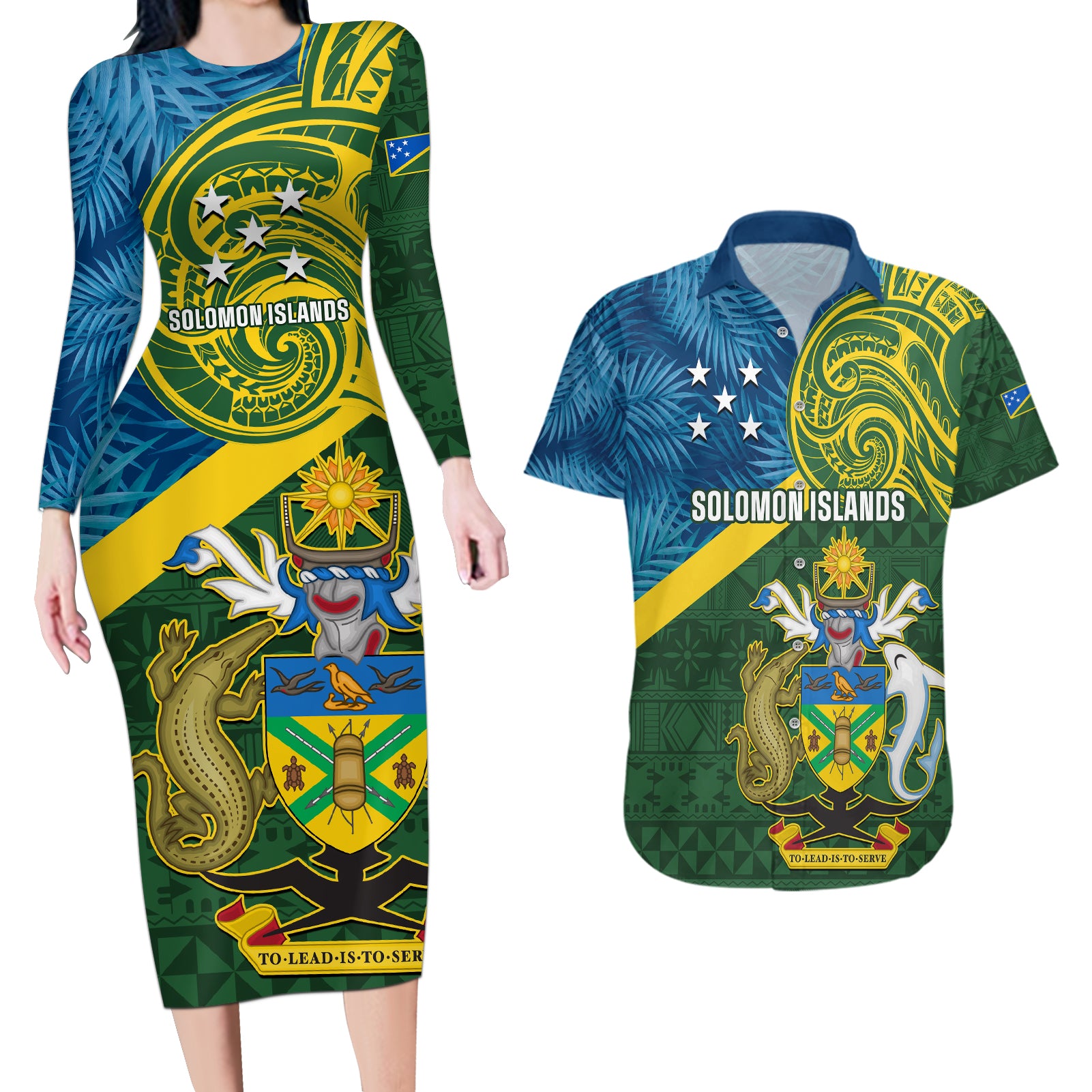 solomon-islands-couples-matching-long-sleeve-bodycon-dress-and-hawaiian-shirt-tropical-leaves-with-melanesian-pattern