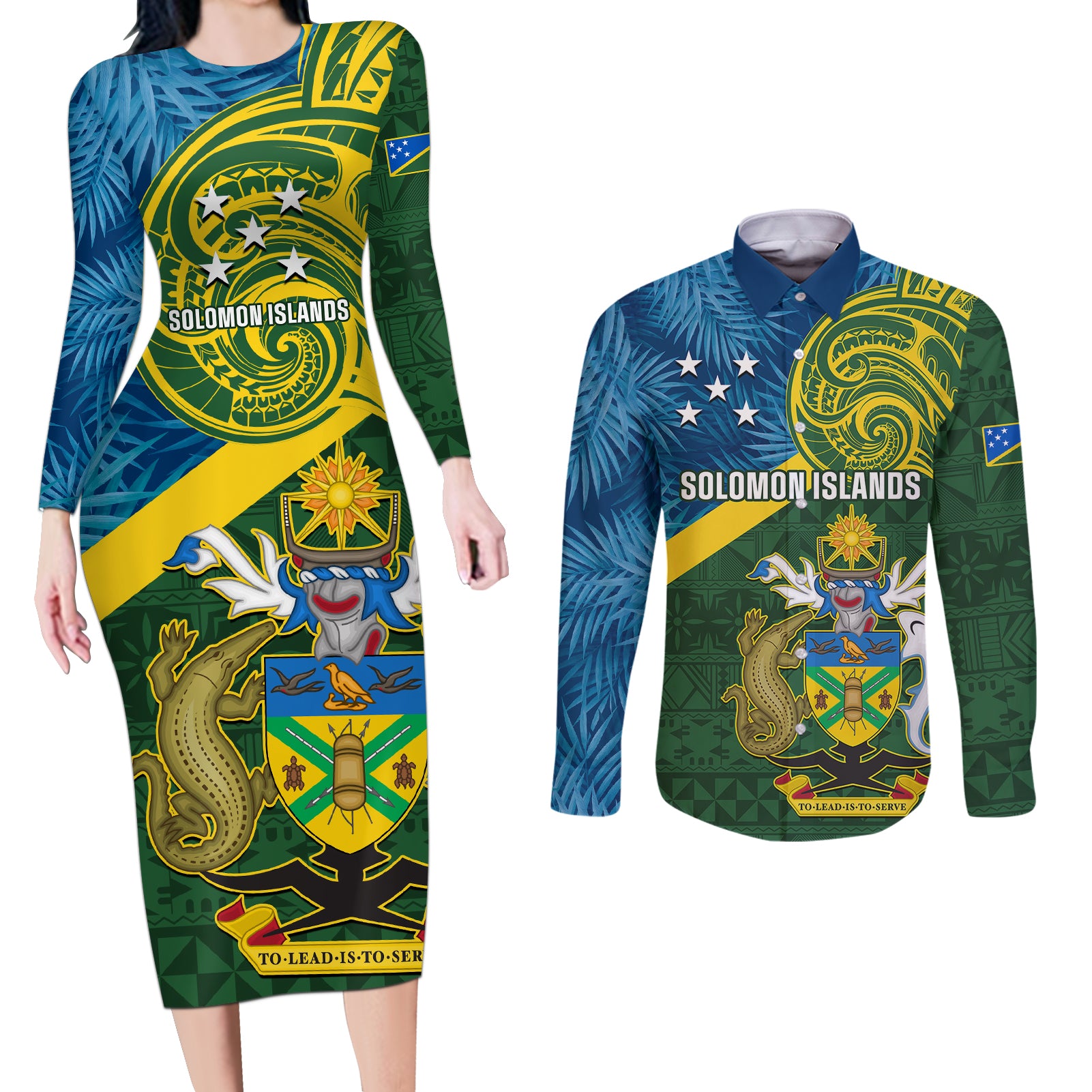 solomon-islands-couples-matching-long-sleeve-bodycon-dress-and-long-sleeve-button-shirts-tropical-leaves-with-melanesian-pattern