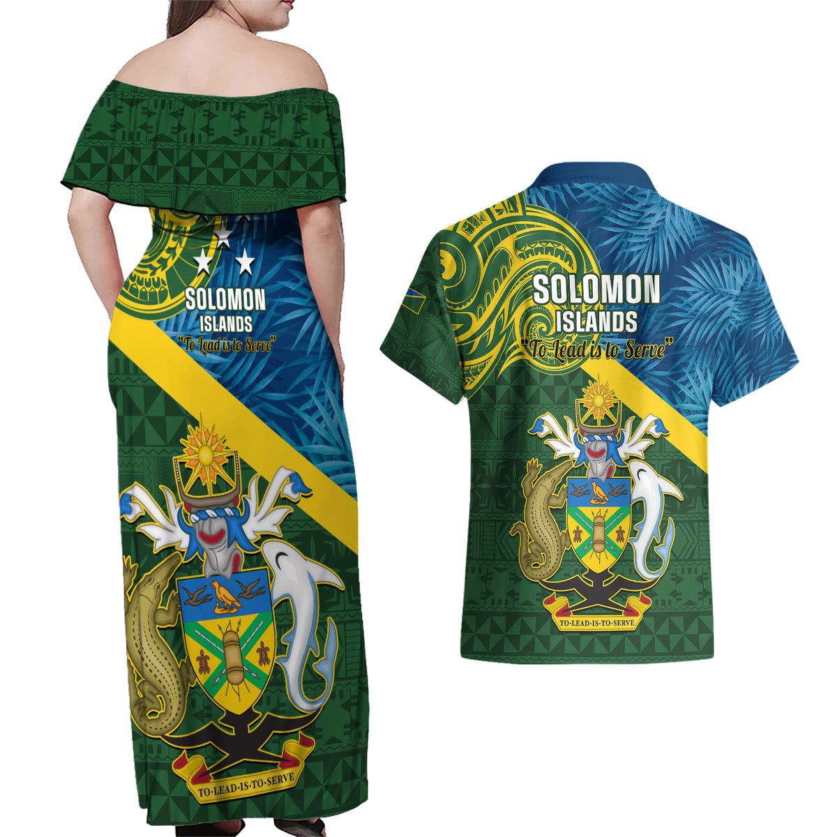 solomon-islands-couples-matching-off-shoulder-maxi-dress-and-hawaiian-shirt-tropical-leaves-with-melanesian-pattern