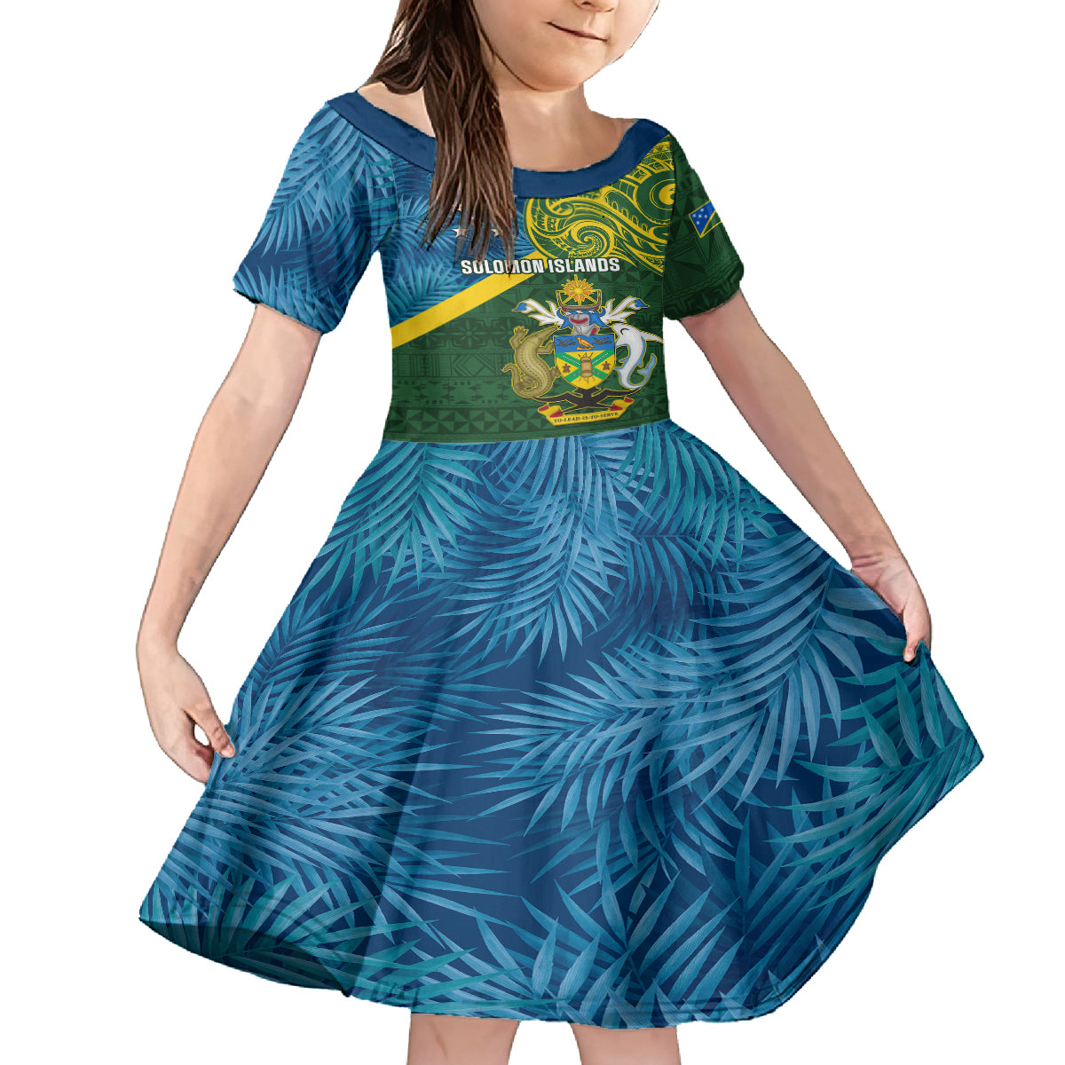 solomon-islands-kid-short-sleeve-dress-tropical-leaves-with-melanesian-pattern