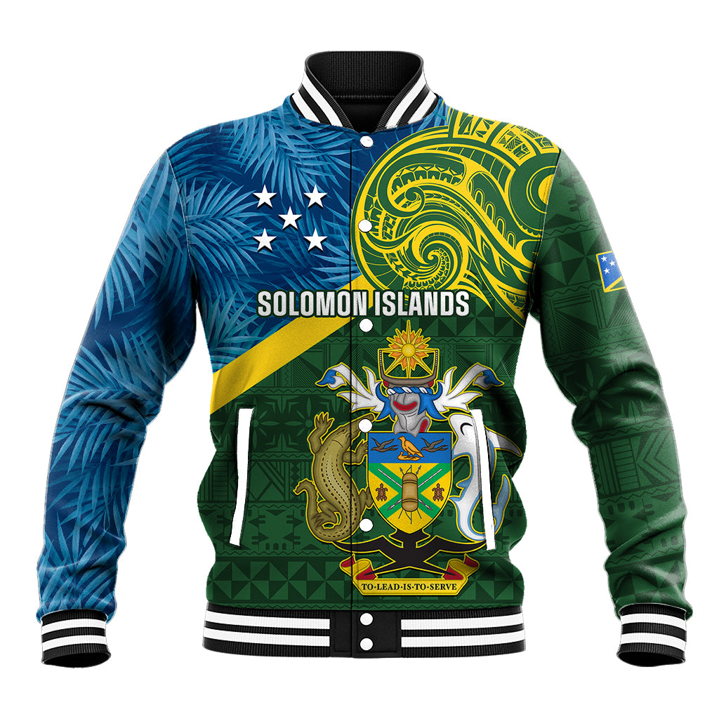 Personalised Solomon Islands Baseball Jacket Tropical Leaves With Melanesian Pattern LT14 Unisex Green - Polynesian Pride