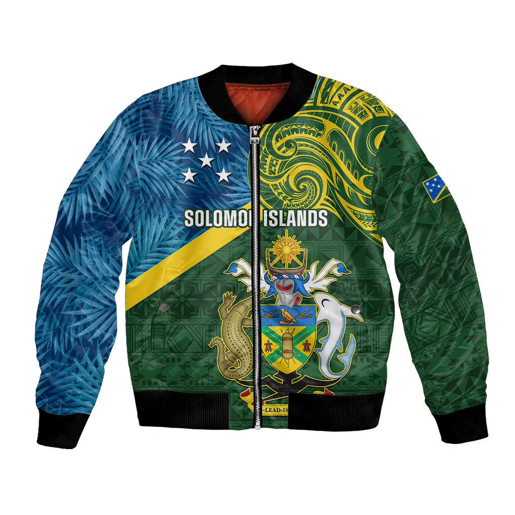 Personalised Solomon Islands Bomber Jacket Tropical Leaves With Melanesian Pattern LT14 Unisex Green - Polynesian Pride
