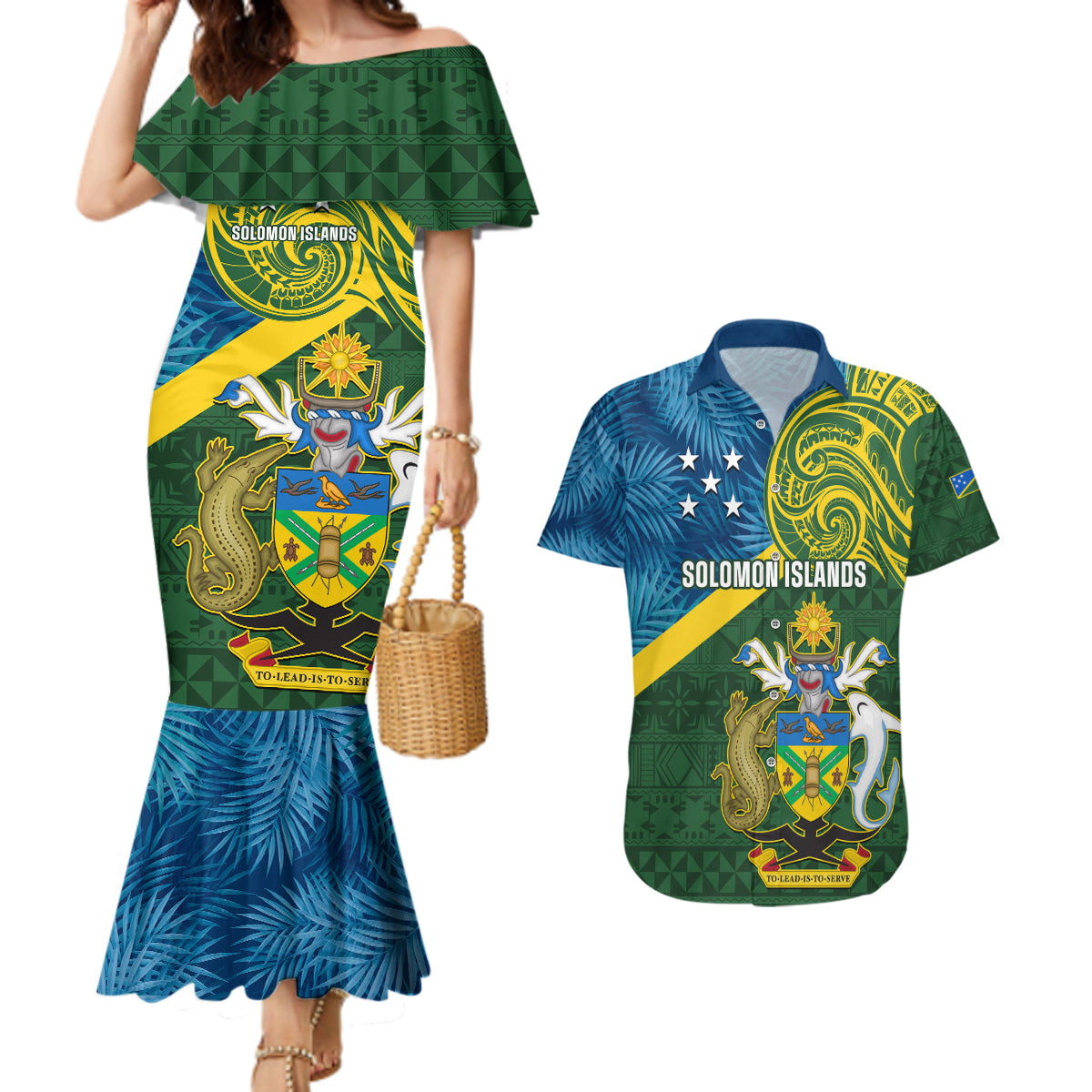 Personalised Solomon Islands Couples Matching Mermaid Dress and Hawaiian Shirt Tropical Leaves With Melanesian Pattern LT14 Green - Polynesian Pride