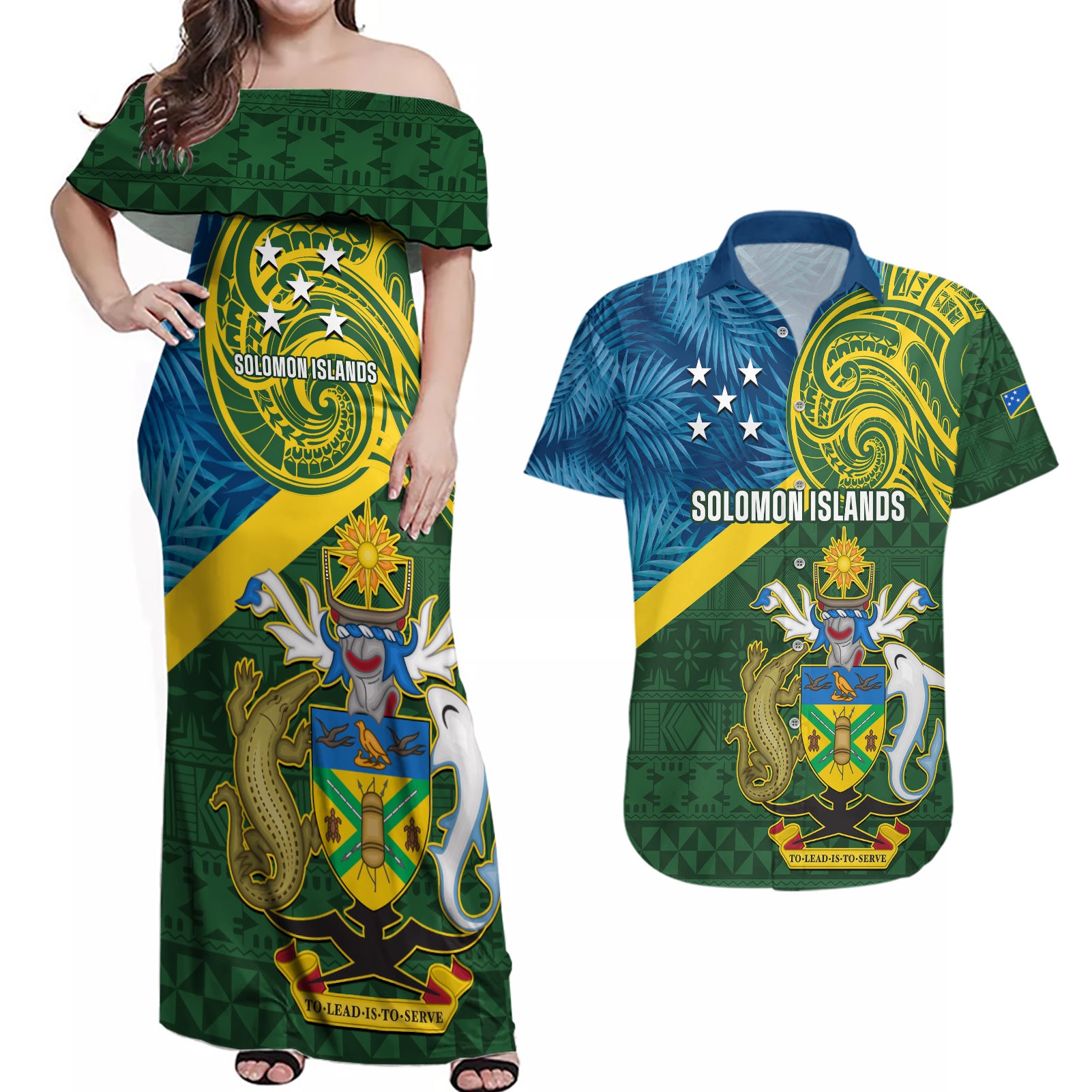 Personalised Solomon Islands Couples Matching Off Shoulder Maxi Dress and Hawaiian Shirt Tropical Leaves With Melanesian Pattern LT14 Green - Polynesian Pride