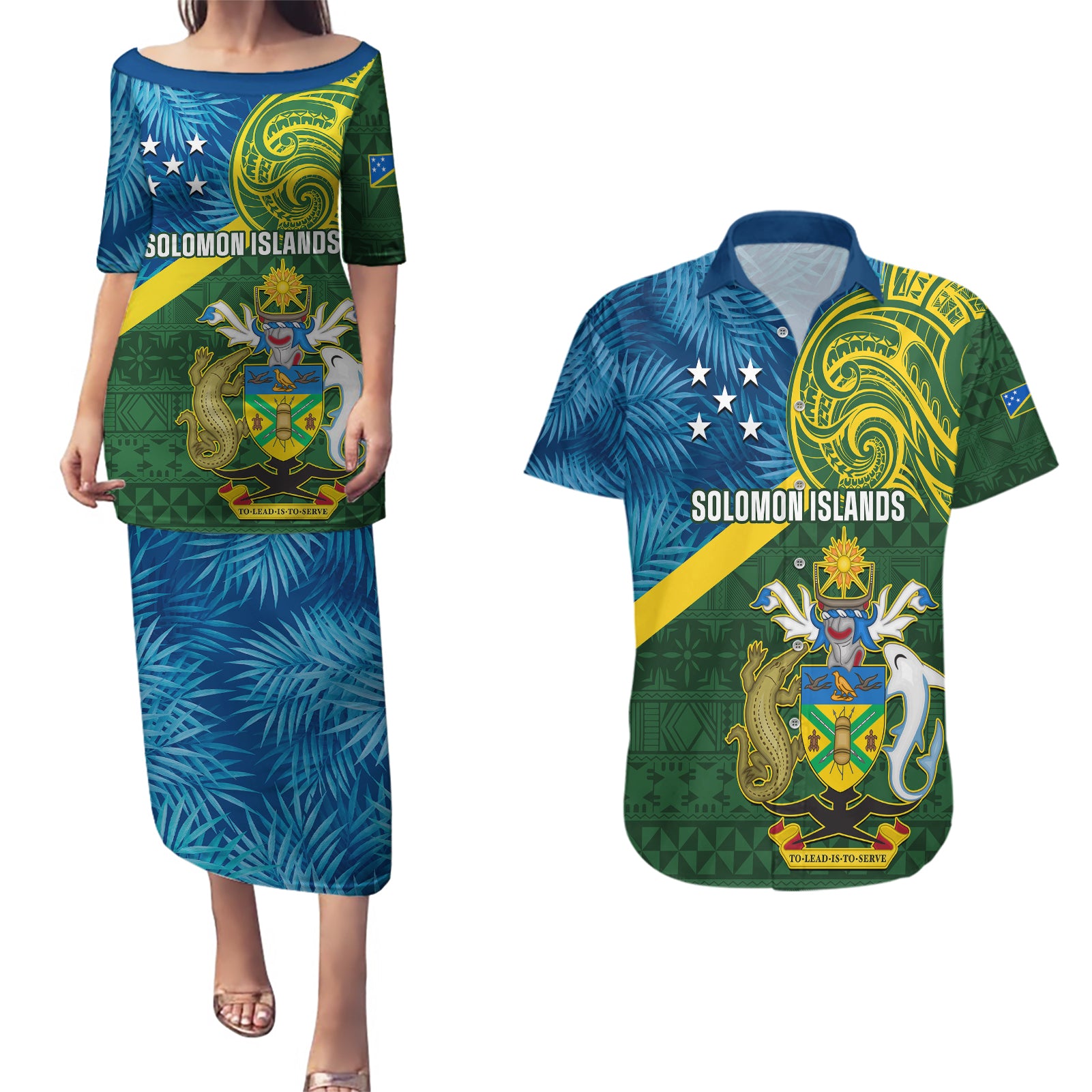 Personalised Solomon Islands Couples Matching Puletasi Dress and Hawaiian Shirt Tropical Leaves With Melanesian Pattern LT14 Green - Polynesian Pride