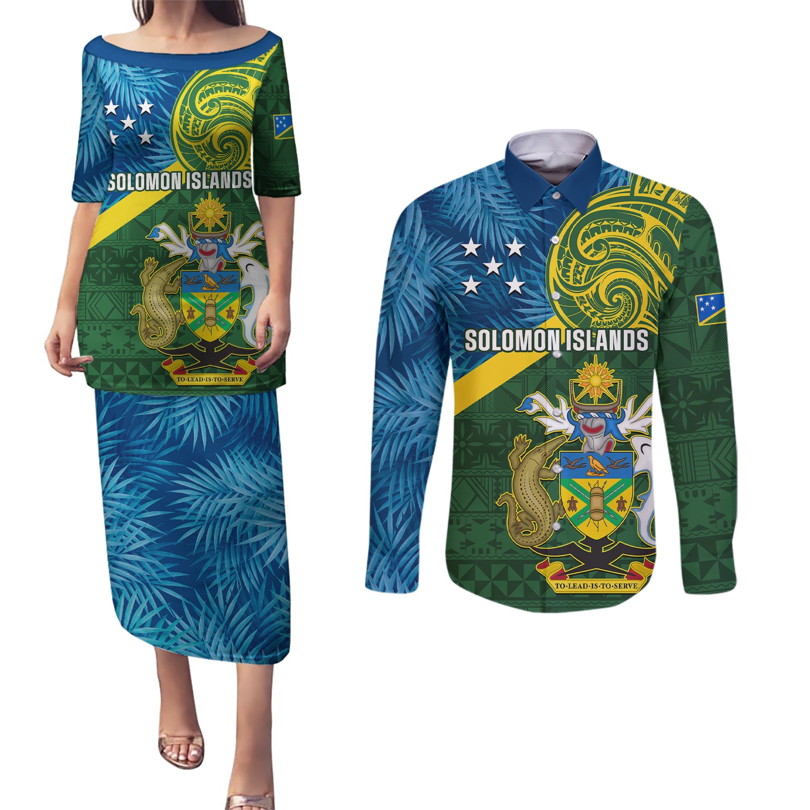 Personalised Solomon Islands Couples Matching Puletasi Dress and Long Sleeve Button Shirts Tropical Leaves With Melanesian Pattern LT14 Green - Polynesian Pride