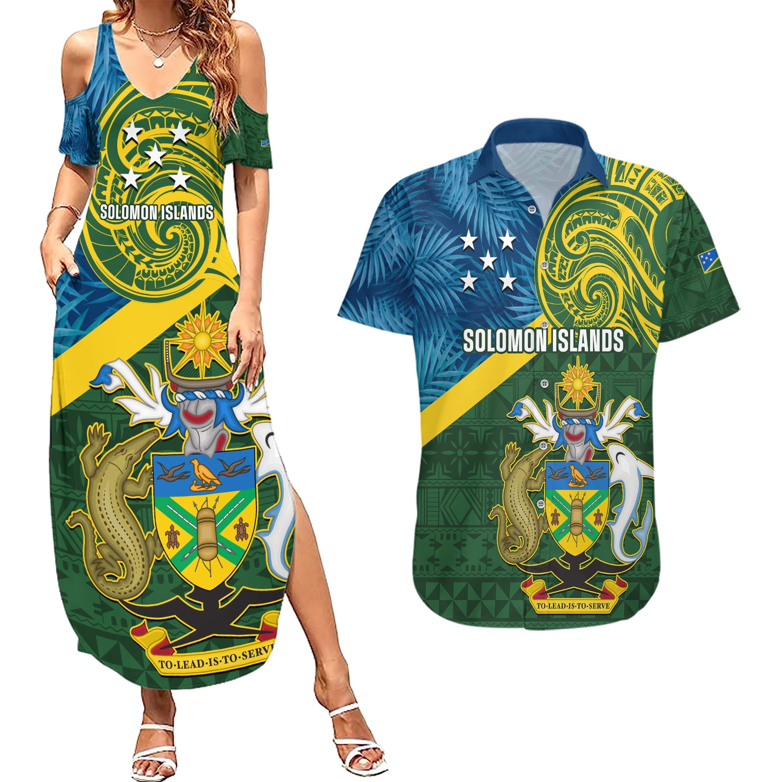 Personalised Solomon Islands Couples Matching Summer Maxi Dress and Hawaiian Shirt Tropical Leaves With Melanesian Pattern LT14 Green - Polynesian Pride