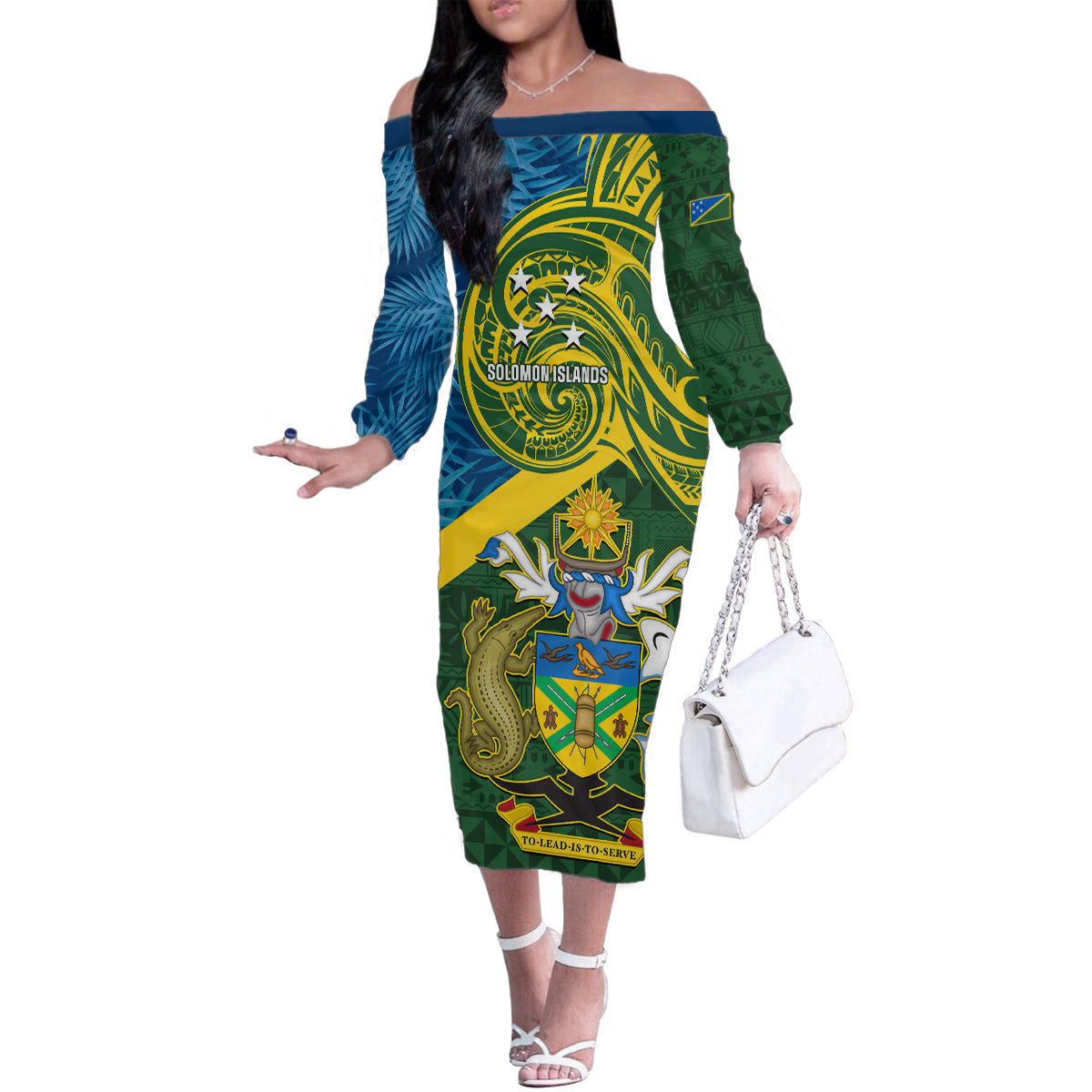 Personalised Solomon Islands Family Matching Off Shoulder Long Sleeve Dress and Hawaiian Shirt Tropical Leaves With Melanesian Pattern LT14 Mom's Dress Green - Polynesian Pride