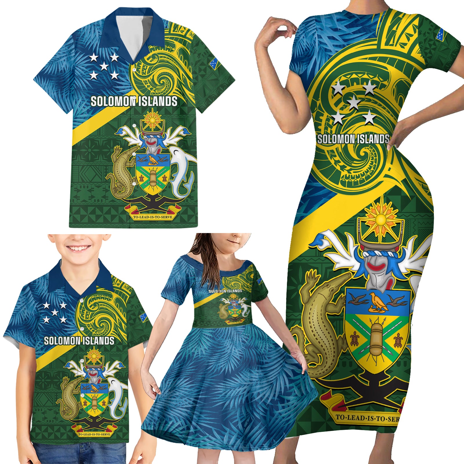 Personalised Solomon Islands Family Matching Short Sleeve Bodycon Dress and Hawaiian Shirt Tropical Leaves With Melanesian Pattern LT14 - Polynesian Pride