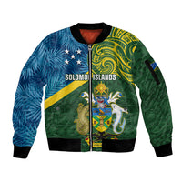 Personalised Solomon Islands Sleeve Zip Bomber Jacket Tropical Leaves With Melanesian Pattern LT14 Unisex Green - Polynesian Pride