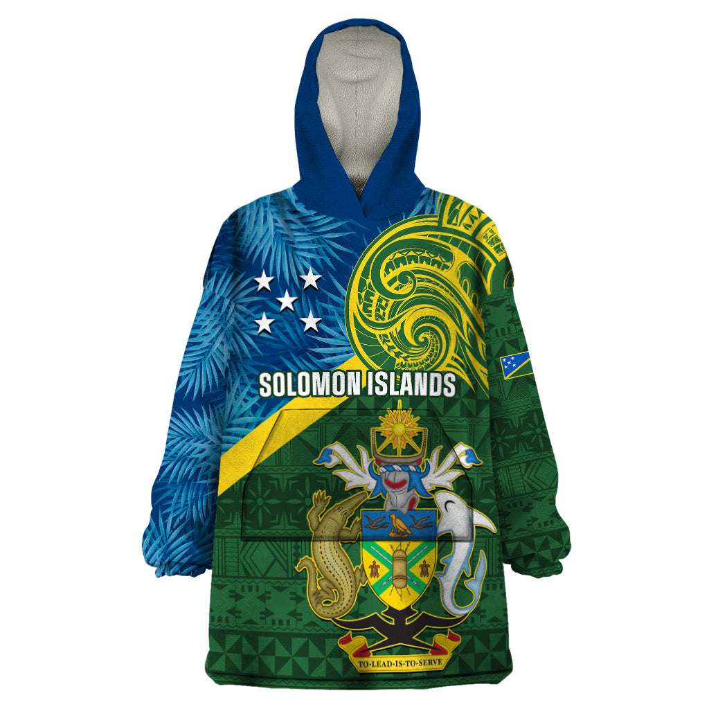 Personalised Solomon Islands Wearable Blanket Hoodie Tropical Leaves With Melanesian Pattern LT14 One Size Green - Polynesian Pride