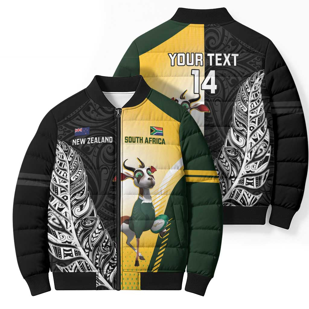 New Zealand and South Africa Rugby Custom Bomber Puffer Jacket Maori Silver Fern Springbok Together - Polynesian Pride