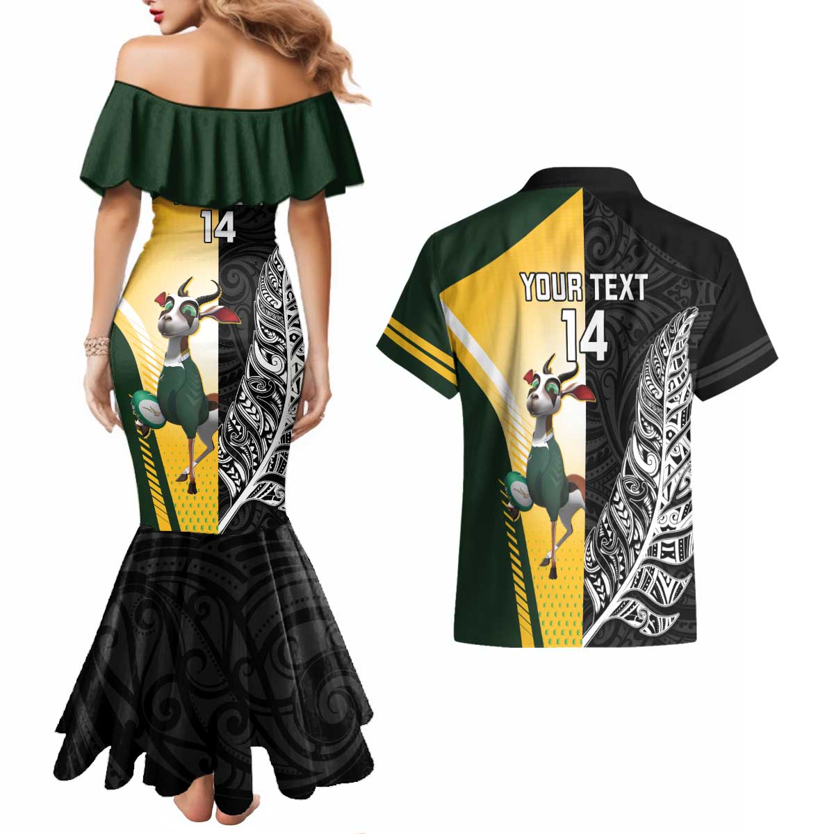 New Zealand and South Africa Rugby Custom Couples Matching Mermaid Dress and Hawaiian Shirt Maori Silver Fern Springbok Together - Polynesian Pride