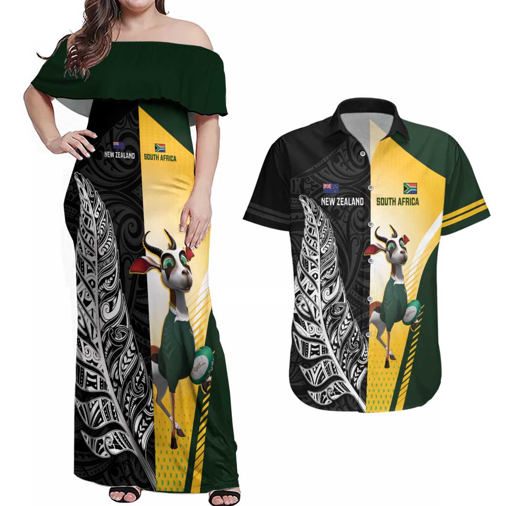 New Zealand and South Africa Rugby Custom Couples Matching Off Shoulder Maxi Dress and Hawaiian Shirt Maori Silver Fern Springbok Together - Polynesian Pride
