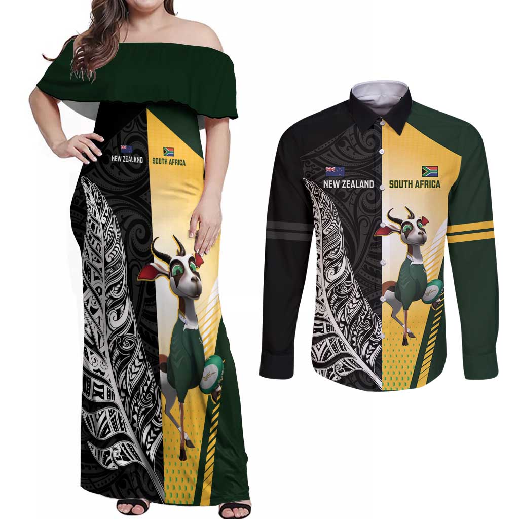 New Zealand and South Africa Rugby Custom Couples Matching Off Shoulder Maxi Dress and Long Sleeve Button Shirt Maori Silver Fern Springbok Together - Polynesian Pride