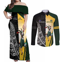 New Zealand and South Africa Rugby Custom Couples Matching Off Shoulder Maxi Dress and Long Sleeve Button Shirt Maori Silver Fern Springbok Together - Polynesian Pride