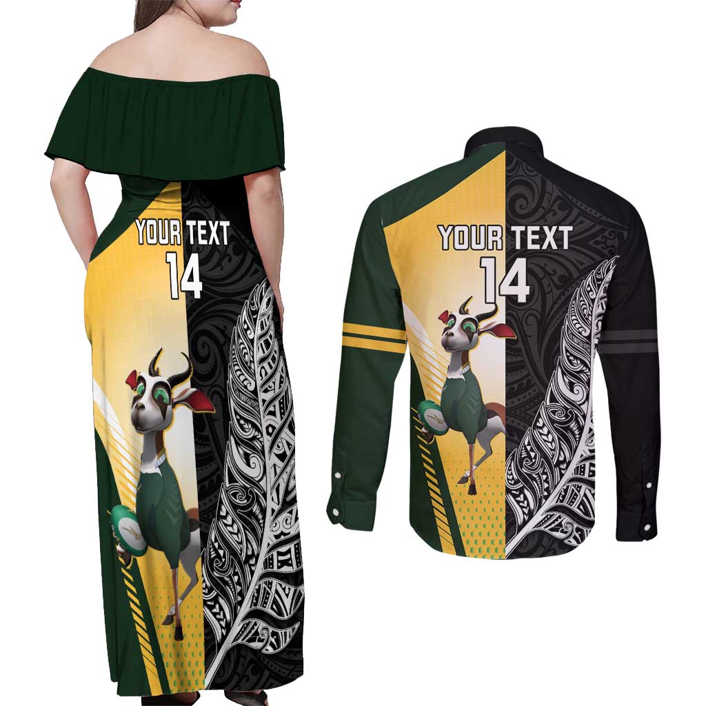 New Zealand and South Africa Rugby Custom Couples Matching Off Shoulder Maxi Dress and Long Sleeve Button Shirt Maori Silver Fern Springbok Together - Polynesian Pride