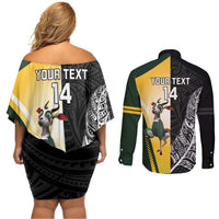 New Zealand and South Africa Rugby Custom Couples Matching Off Shoulder Short Dress and Long Sleeve Button Shirt Maori Silver Fern Springbok Together - Polynesian Pride