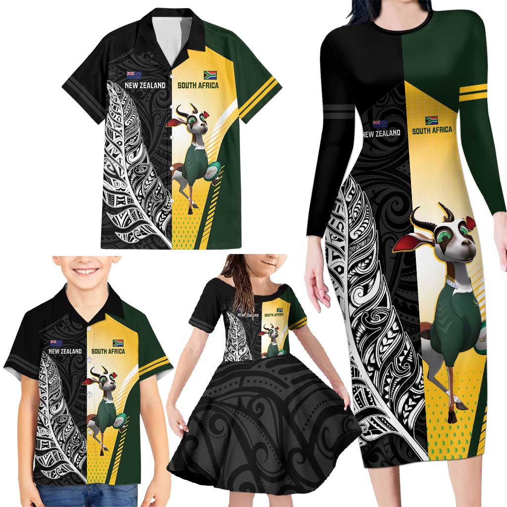 New Zealand and South Africa Rugby Custom Family Matching Long Sleeve Bodycon Dress and Hawaiian Shirt Maori Silver Fern Springbok Together - Polynesian Pride