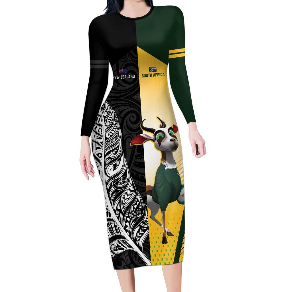 New Zealand and South Africa Rugby Custom Family Matching Long Sleeve Bodycon Dress and Hawaiian Shirt Maori Silver Fern Springbok Together - Polynesian Pride